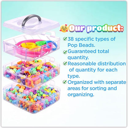 Funtopia Pop Beads, 500+ Pcs Jewelry Making Kit for Girls 4-6, Arts and Crafts for Kids 3 4 5 6 7 8, Colorful Snap Beads DIY Bracelet Necklace Ring Set for Little Girls