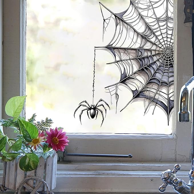 1 Sheet Halloween Spider Web Window Clings Stickers Double Sided Window Decals Party Decorations Black Spider Halloween Stickers for Glass Window Stickers for Home Shop Glass Supplies