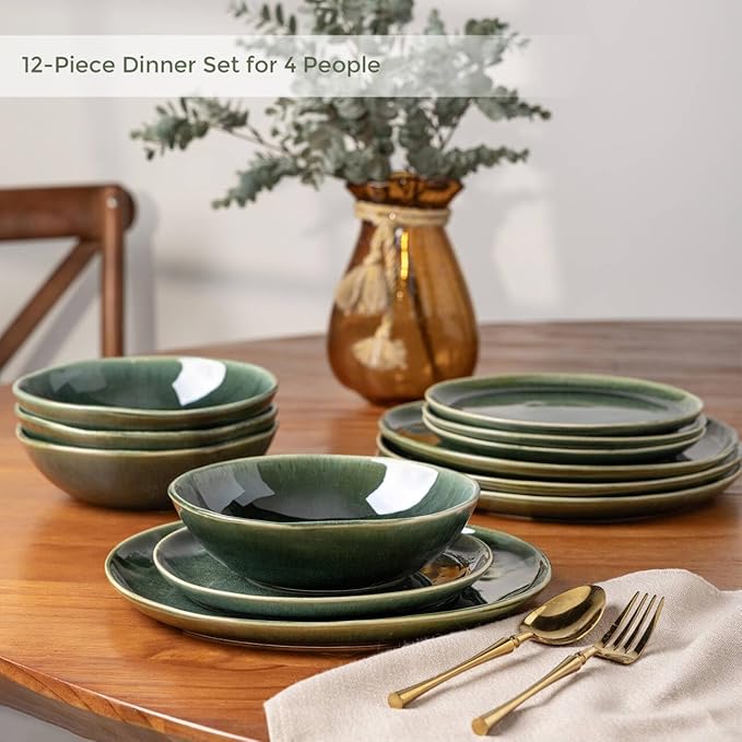 AmorArc Ceramic Dinnerware Sets,Handmade Reactive Glaze Stoneware Plates and Bowls Set,Highly Chip and Crack Resistant | Dishwasher & Microwave Safe Dishes Set,Service for 4 (12pc)
