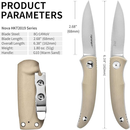 TONIFE Nova 2.68'' Blade Mini Neck Knife Full Tang Fixed Blade Knife with Kydex Sheath and Adjustable Paracord Lanyard for Camping Outdoor Survival Tool (Warmer Sand+Stonewash)