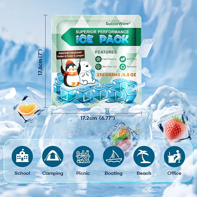 5 Packs Reusable Ice Packs for Lunch Boxes - 12+ Hour Cooling Ice Gel Pack for Camping, Beach, Office - Ice Packs for Cooler Bag, Cooler Backpacks