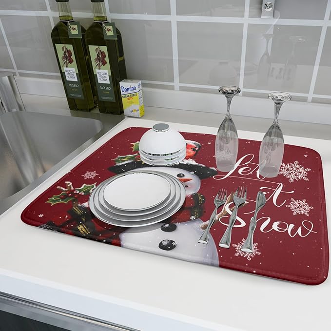 Christmas Dish Drying Mat for Kitchen Counter Snowman Let It Snow Microfiber