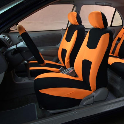 FH Group Car Seat Covers Combo Full Set with Carpet Floor mats Steering Wheel Cover and Seat Belt Pads- Universal Fit for Cars Trucks and SUVs (Orange)