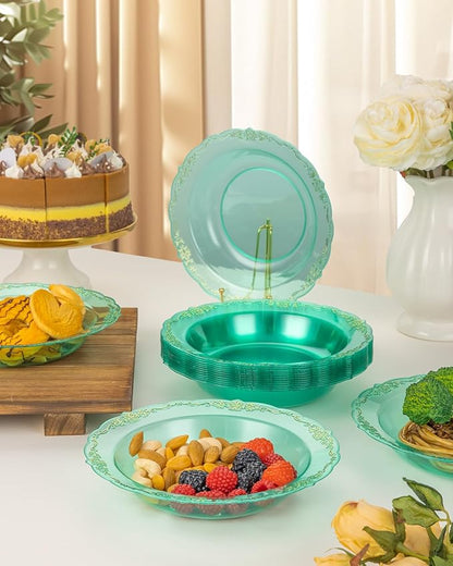 100 Pack Clear Green Plastic Bowls with Gold Rim, 12oz Plastic Salad Bowl, Disposable Bowls for Party, Dinners, Weddings, Christmas, Thanksgiving