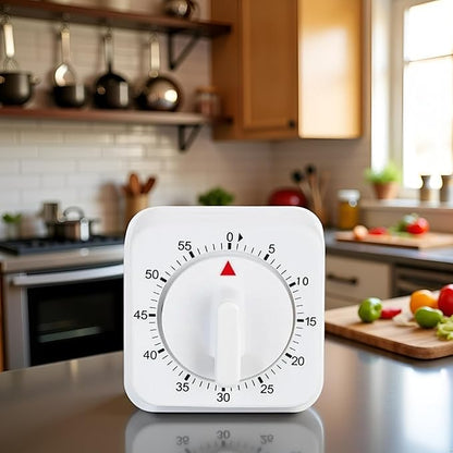White Timer Clock Square 60-Minute Mechanical Kitchen Timer Wind up Visual