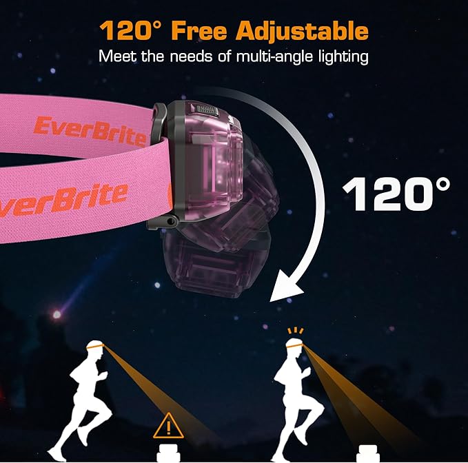 EverBrite Rechargeable Headlamp, 2 Pack Kids Headlamp with White/Red/Green Light and Memory Function, Head Lamp for Adult and Kid with 5 Modes, 120° Adjustable LED Headlamp for Camping, Running-Pink