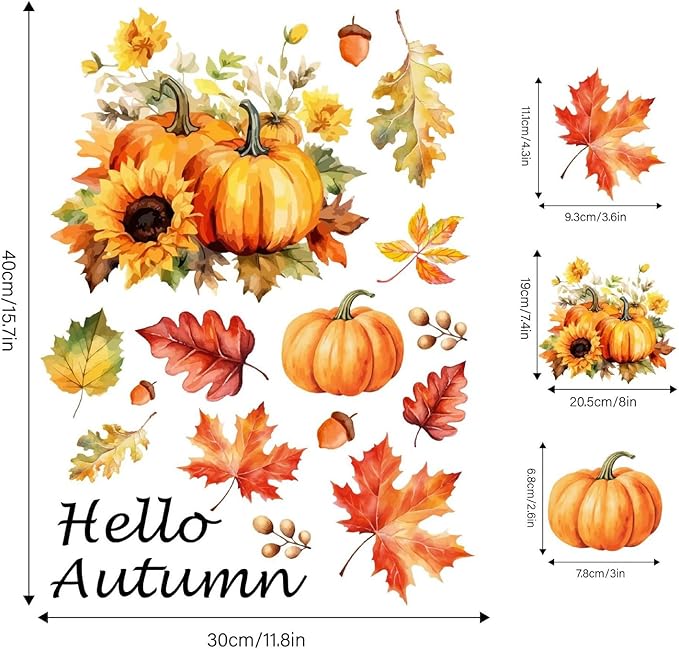 1 Sheet Pumpkin Window Clings Fall Window Clings for Glass Windows Double-Sided Hello Autumn Maple Leaf Flower Pumpkin Window Stickers for Glass Windows Decoration for Party Home Shop Decorations