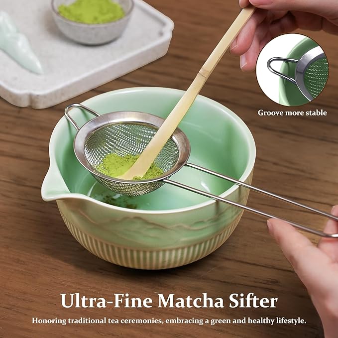 7PCs Matcha Whisk Set Traditional Japanese Green Matcha Kit with Whisk and Bowl Matcha Making Accessories Bamboo Chasen Tea Spoon Holder Sifter Tea Towel Ceremony Macha Tea Set for Beginners