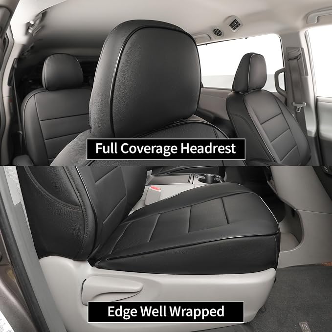 EKR Sienna Seat Covers for 2011-2020 Toyota Sienna XLE,Limited,Limited Premium,7 Seats,2nd Row Captain Seats W/Legrest,Seat Covers for SUV,Automotive Seat Cover Full Set-Three Row,Leather(Black)