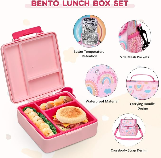 Lunch Box Set with Bento Box Container, 17OZ Stainless Steel Food Soup Thermo, Kids Water Bottle & Portable Insulated Lunch Bag – Leakproof, Hot/Cold Retention for School, Travel(Pink-Rainbow)