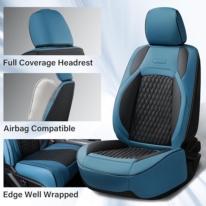 Coverado RAM 1500 Blue Seat Covers, Faux Leather Full Coverage Car Seat Covers Fit for 2009-2018 Dodge RAM 1500 2500 3500 Trucks, Flat Front