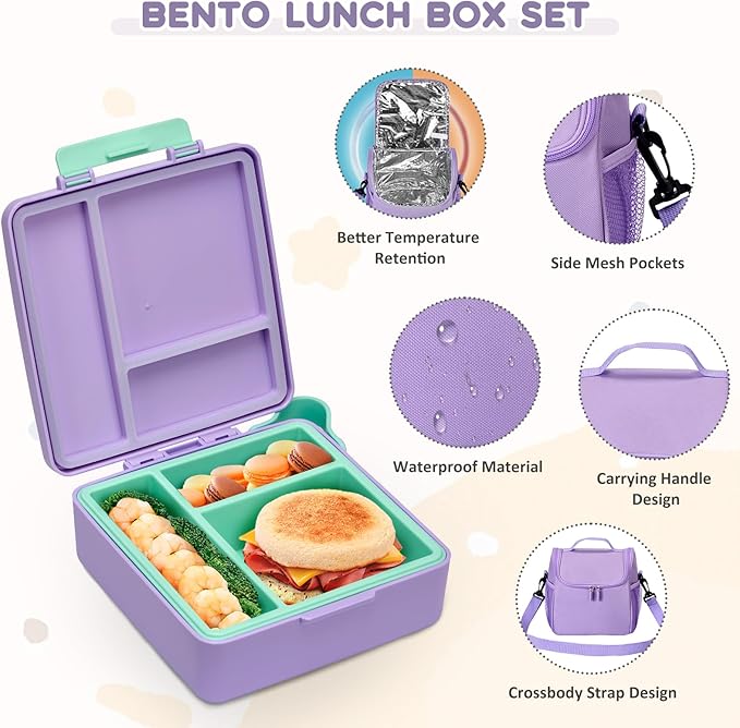 Lunch Box Set with Bento Box Container, 17OZ Stainless Steel Food Soup Thermo, Kids Water Bottle & Portable Insulated Lunch Bag – Leakproof, Hot/Cold Retention for School, Travel (Purple)