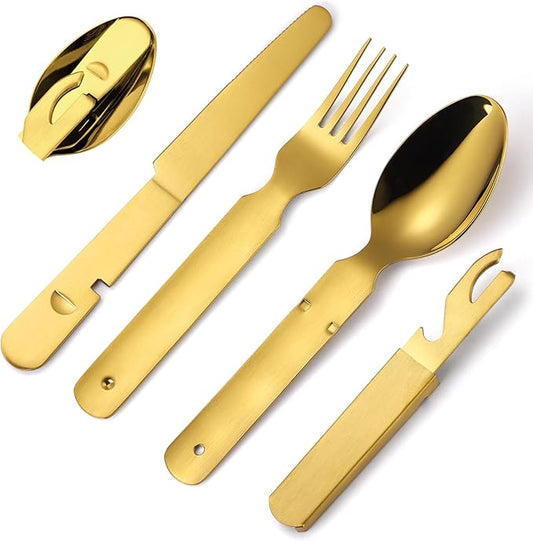 Picnic Silverware Gold Camping Cutlery Fork Knife Spoon Bottle Opener 4 Pieces Flatware Utensil Kit Foldable for Outdoor Kitchen Daily Use Easy To Clean