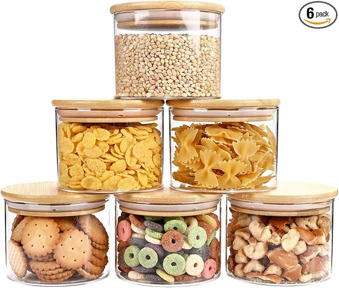 15oz Glass Food Storage Jars, Glass Jars with Bamboo Lids, Kitchen Storage Jars, Set of 6, Canisters with Airtight Lids for Spice, Coffee, Cookie, Pantry Organizers