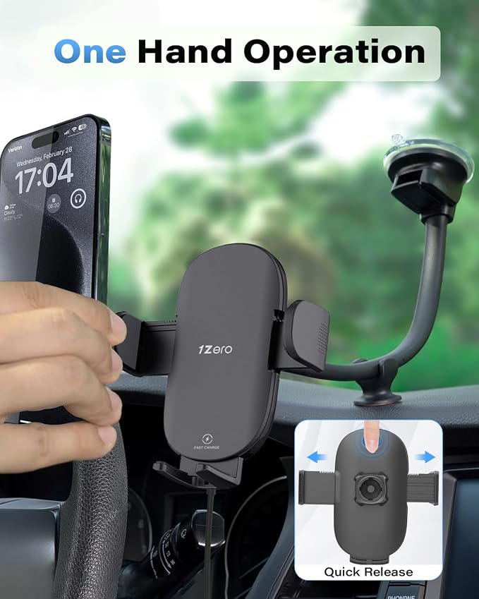 1Zero Solid Car Truck Phone Mount Wireless Charger Holder with 14-Inch Gooseneck Long Arm for iPhone 15 Pro Max Plus 14 13 12 11 XS X Samsung S24 Ultra S23 S22 S22 S21 S20 Pixel 9 Pro XL 8 7 6 5 4