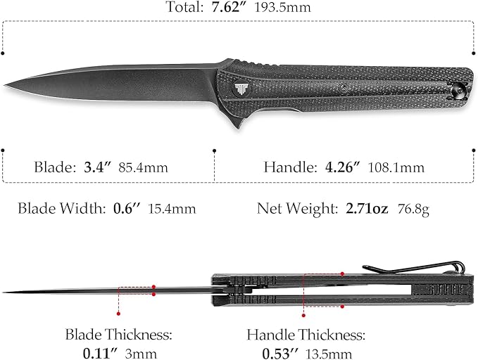 EDC Pocket Knife for Men,Folding Knives with Reversible Clip,Liner Lock 3.4'' Black PVD 14C28N Steel Blade,Micarta Handle,Seagull-B