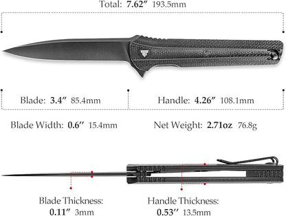 EDC Pocket Knife for Men,Folding Knives with Reversible Clip,Liner Lock 3.4'' Black PVD 14C28N Steel Blade,Micarta Handle,Seagull-B
