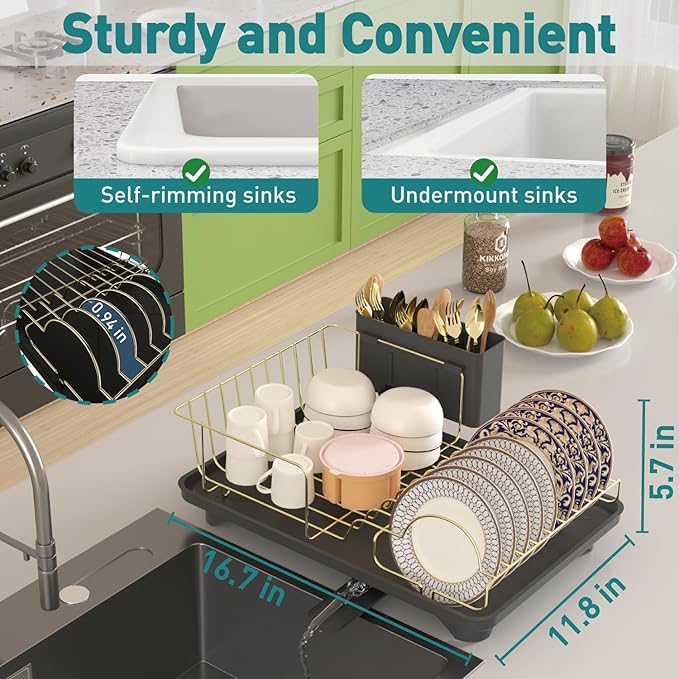 Buruis Dish Drying Rack for Kitchen Countertop, Large Capacity Gold Stainless