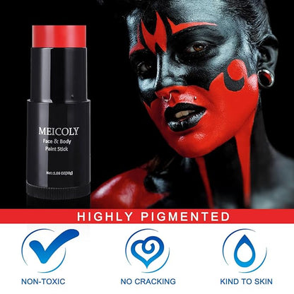 MEICOLY Devil Red Face Body Paint Stick (1.06 Oz),Sweatproof Waterproof Face Piant for Clown Joker Demon Vampire Spiderman Halloween Makeup,Cream Blendable Full Body Paint,Red Eye Black Stick