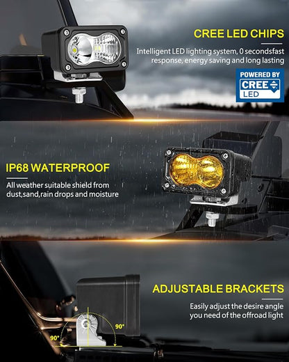 LED Pods, AKD Part 4Pcs 3" 80W CREE LED Pod Lights Spot Flood Combo Small Off Road Driving Lights Ditch Chase Light for Trucks Motorcycle UTV ATV SUV Dirt Bike - White & Yellow