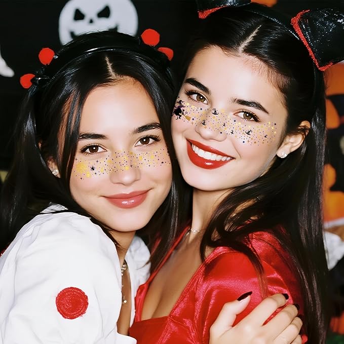 Halloween Glitter Freckle Tattoos, 12 Sheets Color Metallic Face Speckles Halloween Makeup Temporary Tattoos, Freckle Patches Makeup Accessories for Adults and Kids