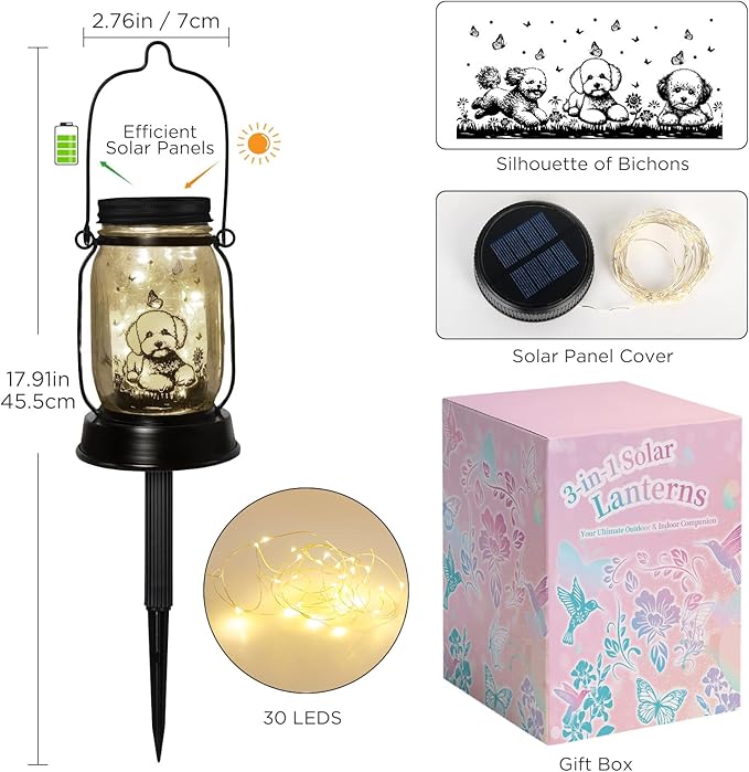 Bichon Dog Gifts for Women/Men Bichon Frise Solar Lanterns Birthday Dog Lovers Lantern Pet Loss Dog Memorial Lights Solar Garden Decoration for Yard, Patio,Backyard,Porch Torches Light