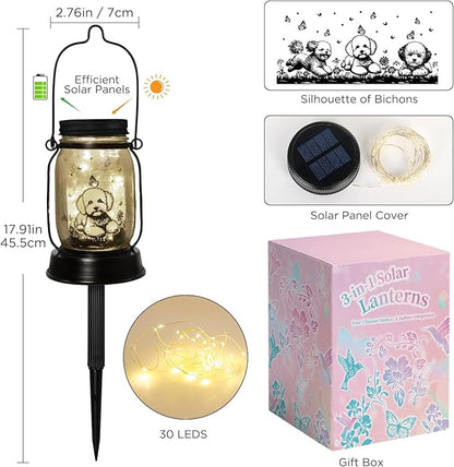 Bichon Dog Gifts for Women/Men Bichon Frise Solar Lanterns Birthday Dog Lovers Lantern Pet Loss Dog Memorial Lights Solar Garden Decoration for Yard, Patio,Backyard,Porch Torches Light