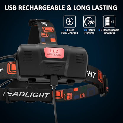 Rechargeable Led Headlamp 2Pack, 99000 Lumen Super Bright Head Lamp with 3 Modes & 90° Adjustable, Brightest Headlamp 30H Long Runtime, Powerful Waterproof Headlamps for Adults Camping