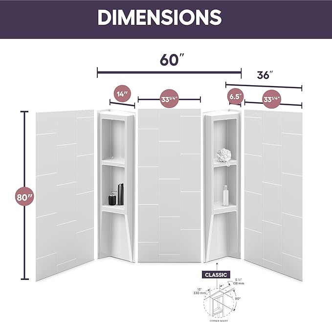 White Acrylic Shower Wall Surround 36"x 60"x 80"
