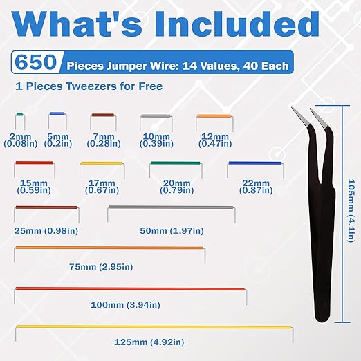 560pcs Breadboard Jumper Wires Kit - Preformed Wires (14 Lengths + 40 Each) with Precision Tweezer for Electrical DIY Experiments, Jumper Wires Male to Male 2 mm/0.08in-125 mm/4.9in