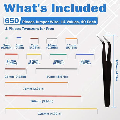 560pcs Breadboard Jumper Wires Kit - Preformed Wires (14 Lengths + 40 Each) with Precision Tweezer for Electrical DIY Experiments, Jumper Wires Male to Male 2 mm/0.08in-125 mm/4.9in
