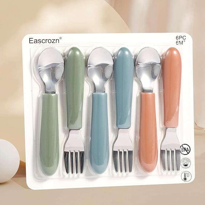 Toddler Utensils, Kids Silverware with Silicone Handle, Spoons and Forks Set, 18/8 Stainless Steel Children Safe Feeding Supplies, 6 Pack, Dishwasher Safe