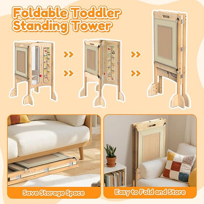 FlyingBoom Toddler Standing Tower, Foldable Kitchen Stool Helper with 2 Step Stool, Toddler Tower for Kids with Safety Net, Adjustable Height, Chalk-Whiteboard &Montessori Activity Games