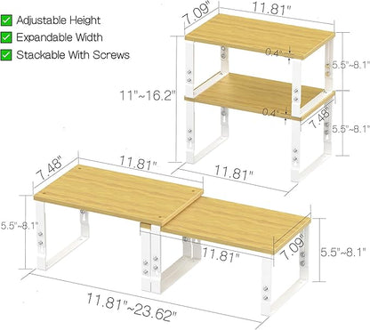 Adjustable Storage Shelves for Kitchen Cabinet Organization - Set of 2 Stackable Metal & Solid Wood Racks, Space-Saving Design for Countertop/Pantry/Garage, Easy Assembly(1 Pack/Medium/White)