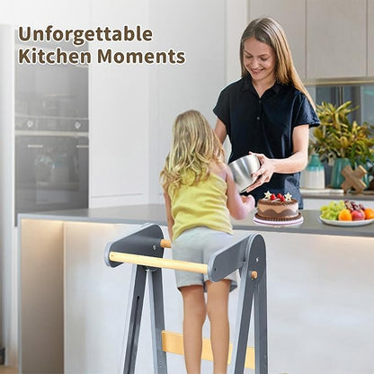Foldable Toddler Tower Preassembled Kitchen Stool Helper, Folding Tower for Learning with 3 Adjustable Heights Montessori Toddler Standing Tower Kids Collapsible Wooden Step Stool, Light Gray