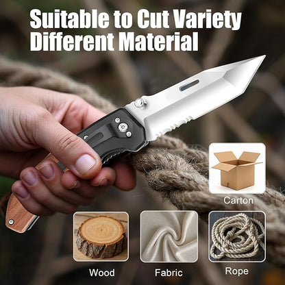 Vickay Pocket Knife, Folding Knife with Clip - 3.54″ Tanto Serrated Blade, Wood Handle EDC Knife for Men & Women, Outdoor Camping, Tactical, Hiking, Survival - Father’s Day Gift (Satin Silver)