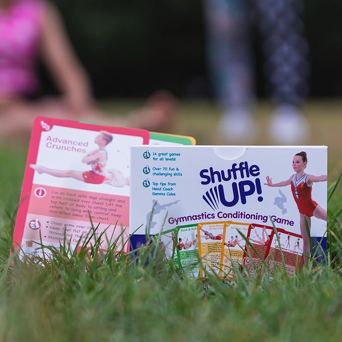 Shuffle Up Gymnastics Card Games - 70+ Fun & Active Skills Cards for Kids, Fitness Cards Develop Fundamentals, Stamina & Strength, Easy to Play for Kids | Multiple Skills Level Cards Include 2 Dices