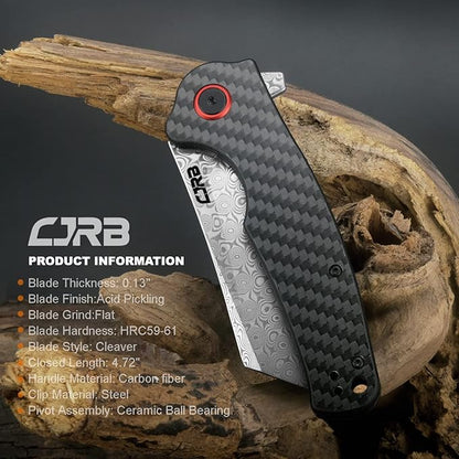 CJRB Crag Folding Pocket Knife, 3.43" Rose Damascus steel Blade Carbon Fiber Handle EDC Knife with Pocket Clip for Men Women Camping Survival Hiking, Damascus (J1904)