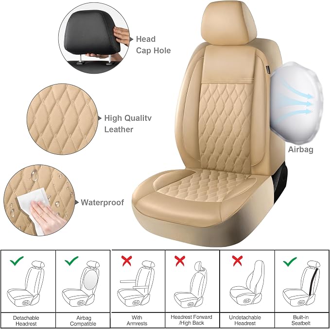 CAROMOP Faux Leather Car Seat Covers 2 Front Set,Luxury and Comfortable Seat Covers for Cars, Airbag Compatible Car Interior Covers, Universal Fit for Suvs,Vans,Trucks(Beige)