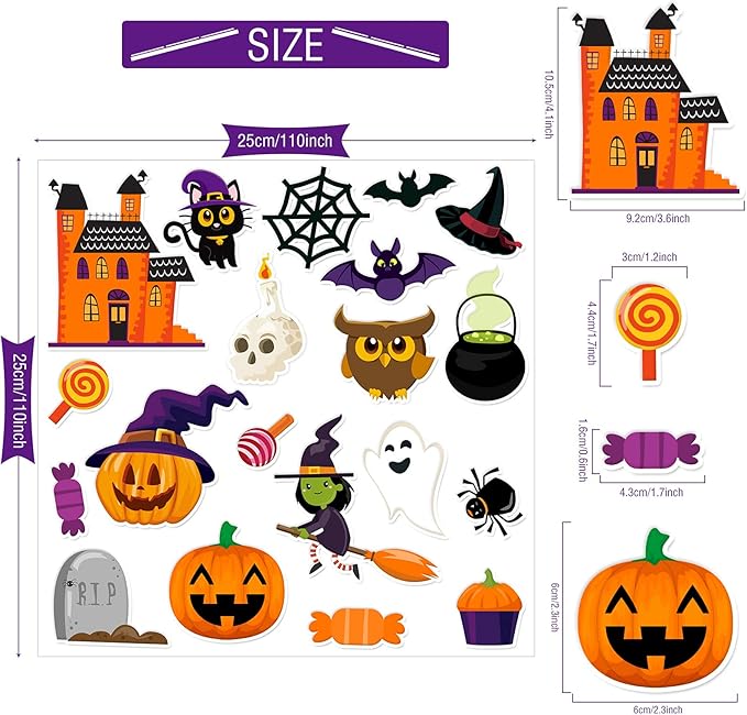 20 PCS Halloween Thick Gel Clings - Window Decals & Stickers for Kids, Toddlers & Adults - Home, Airplane, Classroom, Nursery & Halloween Party Supplies Decorations
