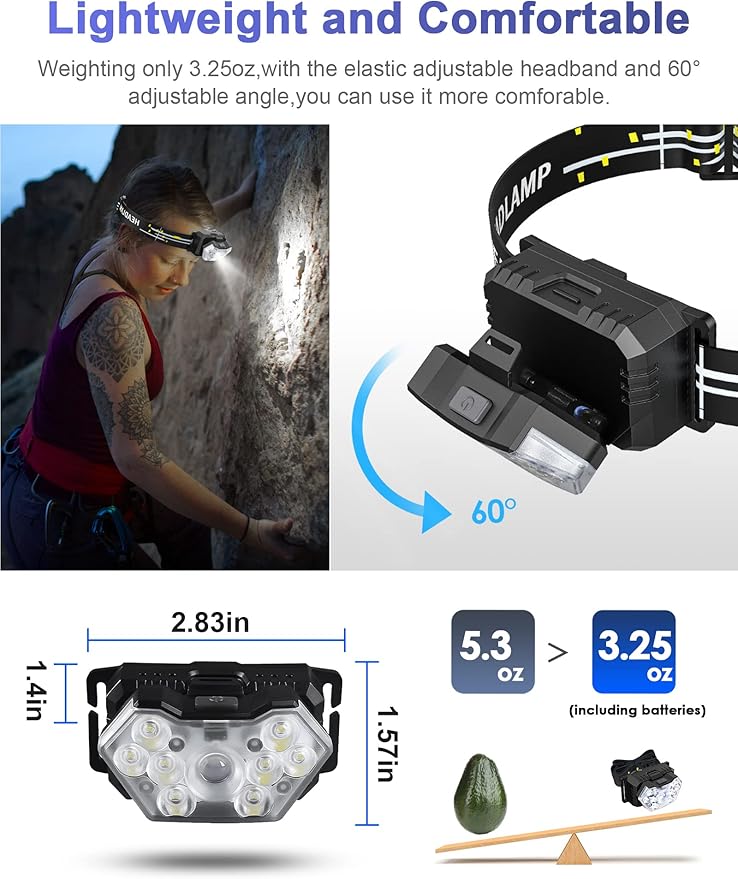 2000 Lumen 9 LED Headlamp 2 Pack, Ultra Bright Head Lamp with 6 Modes, IPX5 Waterproof Head Light, Lightweight Head Flashlight for Running Night-Walking Camping, 6 AAA Batteries Included