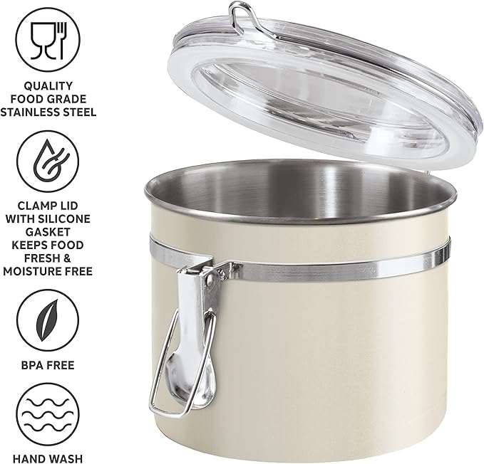 Oggi Stainless Steel Kitchen Canister 26 fl oz, Gray - Airtight Clamp Lid, Clear See-Thru Top - Ideal for Kitchen Storage, Food Storage, Pantry Storage. Size 5" x 3.5".
