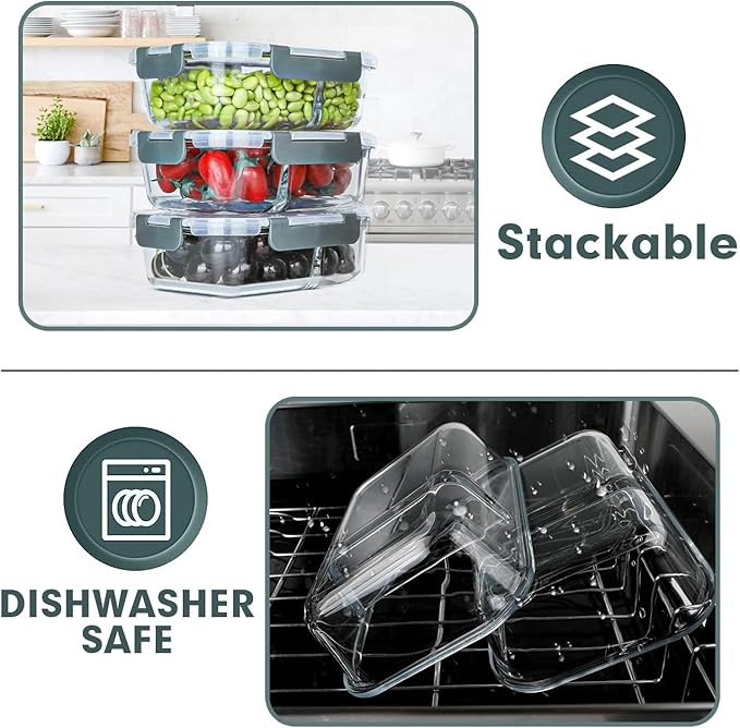 VERONES 10 Pack Glass Meal Prep Containers 2 Compartment Set, 30 OZ Airtight Glass Lunch Containers, Glass Food Storage Containers with Lids, for Microwave, Oven, Freezer & Dishwasher Friendly，Grey