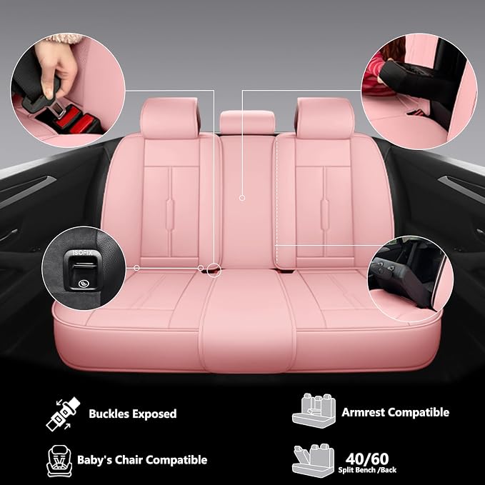 NS YOLO Universal Leather Car Seat Covers Full Coverage,Waterproof Custom Fit for Cars,SUVs and Trucks, Premium PU Leather Automotive Seat Protector with Anti-Slip Design,Pink Seat Cover for 5 Seats