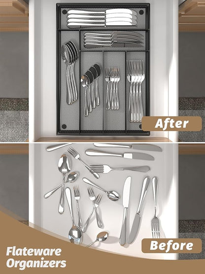 Silverware Organizer Metal Mesh, Large Drawer Organizer, Utensil Cutlery Tray for kitchen drawers, Flatware Organizer with 6 Compartment, Black (11.3”*16“)