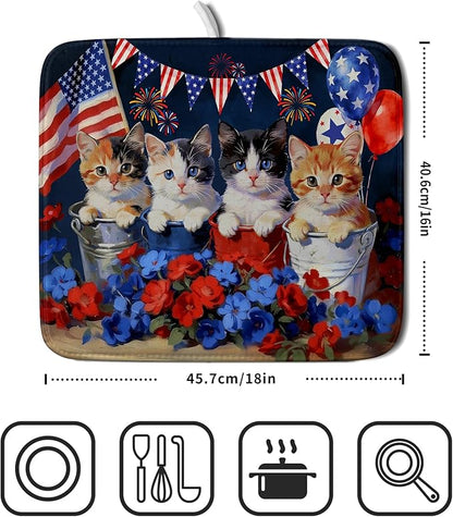 4th of July Dish Drying Mat Patriotic Cats Dish Drying Rack Mat