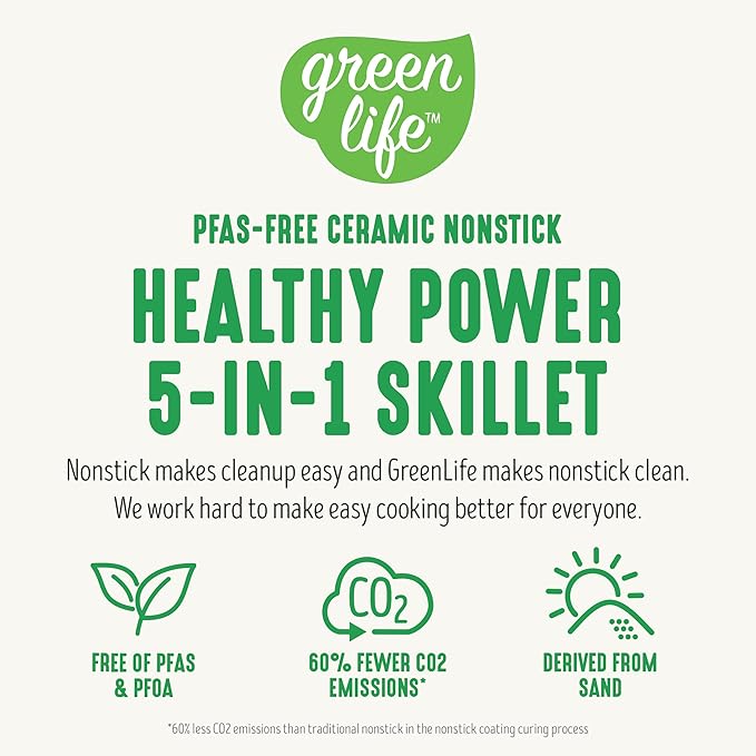 GreenLife12" 5QT Square Electric Skillet, Glass Vented Lid, Ceramic PFAS-Free