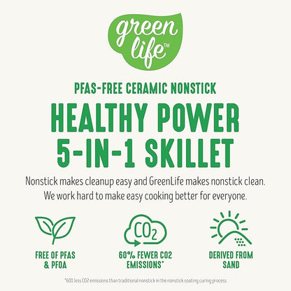GreenLife12" 5QT Square Electric Skillet, Glass Vented Lid, Ceramic PFAS-Free
