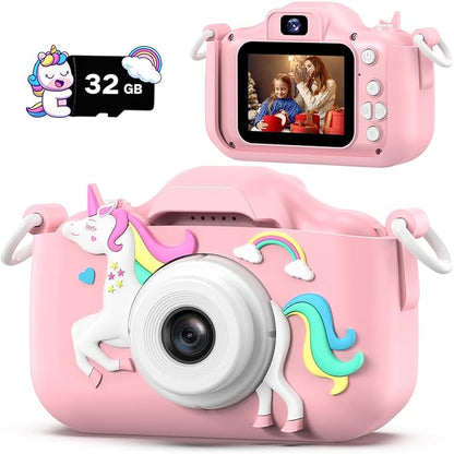 Dwfit Upgrade Selfie Kids Camera, Christmas Birthday Gifts for Boys Girls Age 3-12, HD Kids Digital Video Cameras for Toddler with Cartoon Soft Silicone Cover, Portable Toy for 3 4 5 6 7 8 Years Old