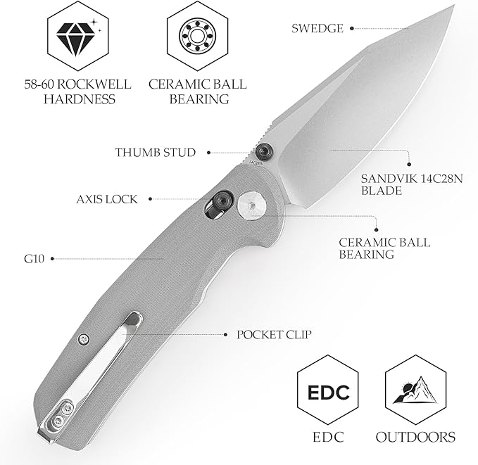 Axis Knives, EDC Folding Knife for Men, Pocket Knife with Clipï¼?.34??14C28N Steel,Thumb Stud Blade,Grey G10 Handle.Outdoor Camping Tool，Hornet-03G